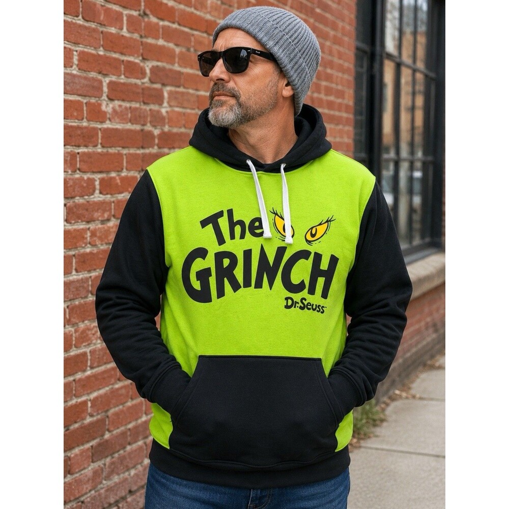 Dr Seuss The Grinch Hoodie Unisex XL Neon Green Black Pullover Christmas Top - Picture 2 of 5